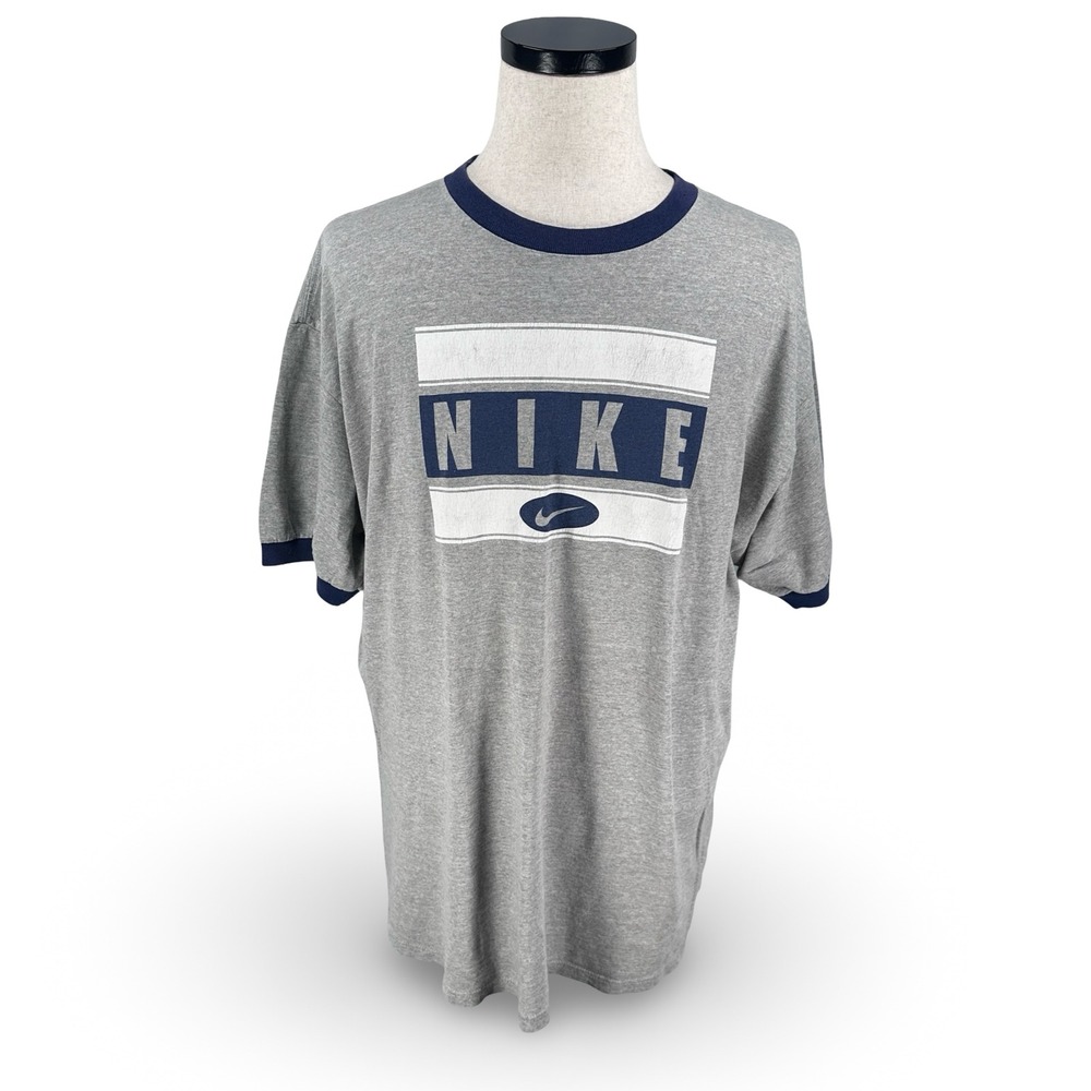 Vintage Nike Ringer T-Shirt Gray Navy Blue Made in USA XL 90s‎ Graphic Cotton